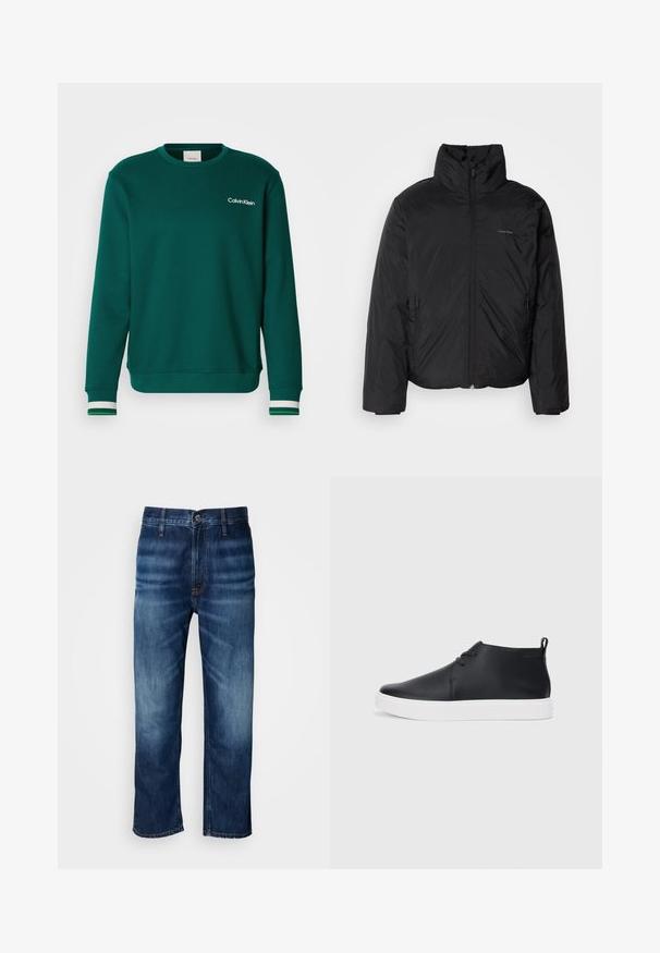 Fekete puffermellény magas gallérral, cipzáros elülső résszel és oldalsó zsebekkel. Simább, fényes textúra, minimális logóval a mellkason.; Zöld pulóver, kerek nyakkal, hosszú ujjakkal és fehér Calvin Klein logóval. Fehér és zöld csíkkal díszített mandzsetták.; Sötétkék, egyenes szárú farmernadrág enyhe kopással a comboknál és gombos záródással a deréknál, fehér háttér előtt.; Fekete bőr magas szárú sneakers, sima felülettel, fehér gumi talppal és egyszerű, fűzős dizájnnal. Hátul húzófül található.