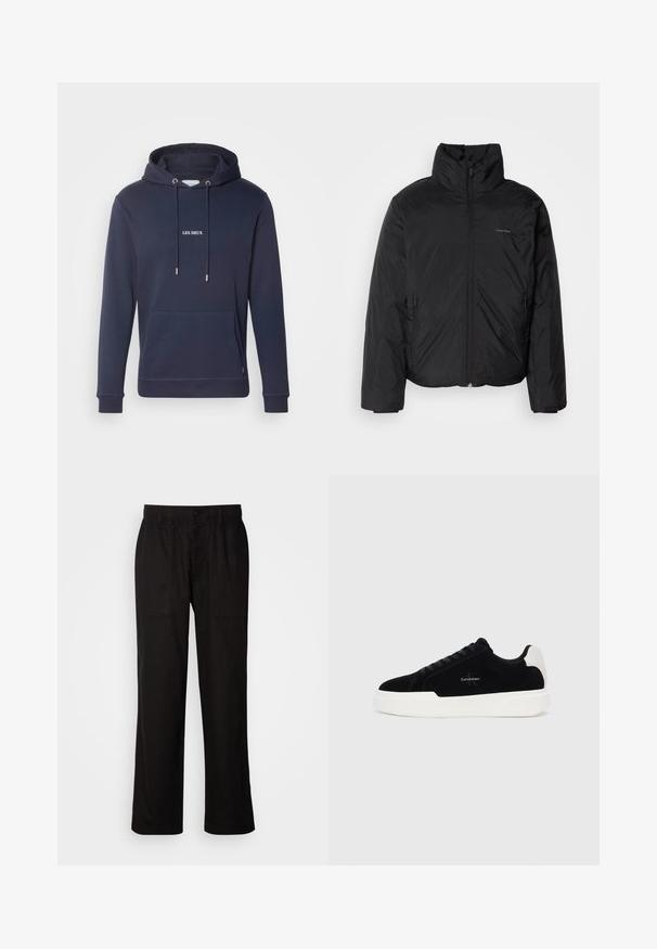 Černá péřová bunda s vysokým límcem, zipovým uzávěrem vpředu a bočními kapsami. Hladká, lesklá textura s minimálním logem na hrudi.; Námořnická modrá mikina z měkké tkaniny, s přední klokaní kapsou, kapucí se šňůrkami a bílým nápisem "LES DEUX" na hrudi.; Černé kalhoty s uvolněným střihem, vyrobené z lehké tkaniny. Mají elastický pas, knoflíkový uzávěr a dvě přední kapsy.; Černé nízké tenisky s bílou podrážkou a patou, šněrování v přední části a logo Calvin Klein na boku.