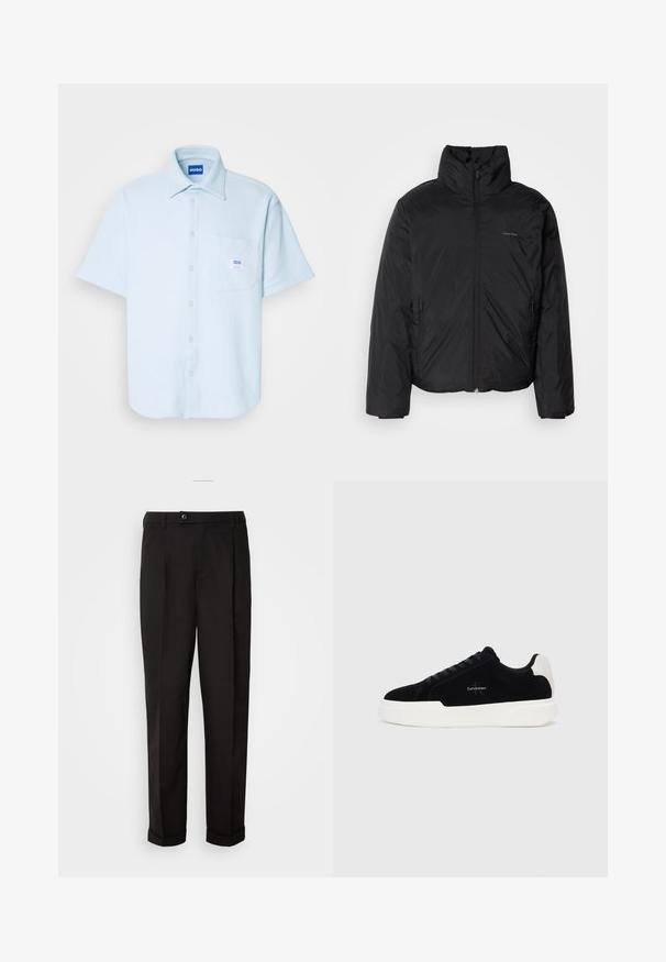 Melnā pūkainā jaka ar augstu apkakli, ar rāvējslēdzēju priekšpusē un sānu kabatām. Gluda, spīdīga tekstūra ar minimālu logotipu uz krūtīm.; Cimdi ar īsām piedurknēm, gaiši zila pogājama krekls, strukturēts audums, apkakle, priekšējā kabata ar birku un taisna apakša, piemērots ikdienas valkāšanai.; Melnas bikses ar gludu tekstūru, diviem priekšējiem kabatām, taisnas griezuma un ar vienu pogu vidukļa daļā.; Melni zema profila sporta apavi ar baltu zoli un papēdi, ar šņorēm priekšpusē un Calvin Klein logo sānos.