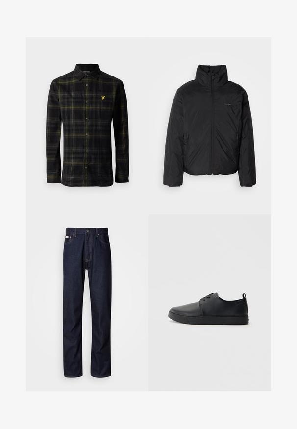 Fekete puffermellény magas gallérral, cipzáros elülső résszel és oldalsó zsebekkel. Simább, fényes textúra, minimális logóval a mellkason.; Fekete, hosszú ujjú, gombos ing sárga és szürke kockás mintával, gallérral és kicsi sárga hímzett madárlogóval a mellkasán.; Sötétkék farmernadrág egyenes szárú kialakítással, gombos cipzárral, öt zsebbel és kontrasztos varrási részletekkel.; Fekete bőr sportcipő sima felülettel, lekerekített orral, azonos színű varrással, fűzős elülső résszel és lapos gumitalppal. Hurok a sarkán.