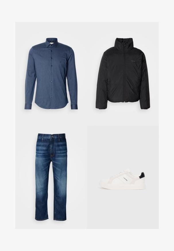 Casaco puffer preto com colarinho alto, fecho de correr na frente e bolsos laterais. Textura suave e brilhante com um logótipo minimalista no peito.; Camisa de manga longa azul listada feita de algodão. Apresenta um colarinho clássico, fecho com botões e bainha arredondada. Tecido texturizado com um brilho sutil.; Calças de ganga de perna reta em azul escuro, com desbotamento sutil nas coxas e fecho de botão na cintura, exibidas sobre um fundo branco.; Sapatilhas brancas com detalhes em rosa claro e preto, apresentando painéis de couro liso e camurça, biqueira redonda e sola de borracha plana.