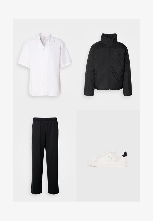 Giubbotto imbottito nero con colletto alto, chiusura a zip frontale e tasche laterali. Tessuto liscio e lucido con un logo minimale sul petto.; Camicia a maniche corte, con bottoni, in lino bianco, caratterizzata da un colletto classico, una texture liscia e una vestibilità rilassata.; Pantaloni sportivi neri realizzati in tessuto morbido e traspirante. Presentano una vita elasticizzata e gambe dritte senza accenti o motivi evidenti.; Sneakers bianche con accenti rosa chiaro e neri, caratterizzate da pannelli in pelle liscia e camoscio, punta tonda e suola piatta in gomma.