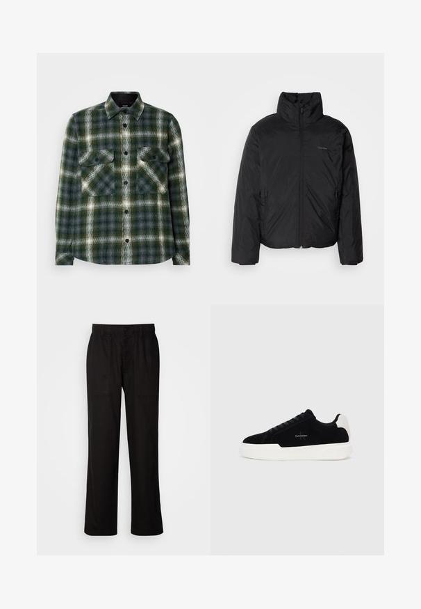 Schwarze Daunenjacke mit hohem Kragen, Reißverschluss auf der Vorderseite und Seitentaschen. Glatte, glänzende Textur mit einem minimalen Logo auf der Brust.; Flanellhemd im dunkelgrünen und grauen Karomuster. Verfügt über zwei Brusttaschen, schwarze Knöpfe und einen klassischen Kragen. Weiche Textur.; Schwarze Hose mit entspannter Passform, aus leichtem Stoff gefertigt. Verfügt über einen elastischen Bund, einen Knopfverschluss und zwei Fronttaschen.; Schwarze Low-Top-Sneaker mit weißer Sohle und Fersenkappe, Schnürung vorne und Calvin Klein-Logo an der Seite.