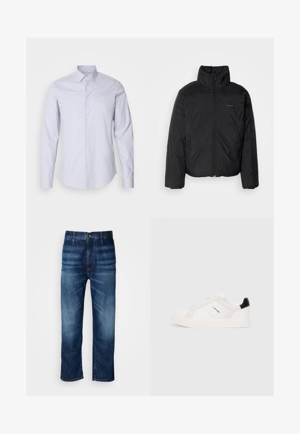 Svart pufferjakke med høy krage, glidelås foran og sidelommer. Glatt, blank tekstur med en minimal logo på brystet.; Lyseblå langermet skjorte med knapper som har fine hvite vertikale striper, klassisk krage og knappelukking med mansjettdetaljer.; Mørkeblå straight-leg denimjeans med subtil falming på lårene og en knappelukking i midjen, vist på en hvit bakgrunn.; Hvite sneakers med lys rosa og svarte detaljer, med glatte lær- og semskede paneler, rund tå og flat gummisåle.