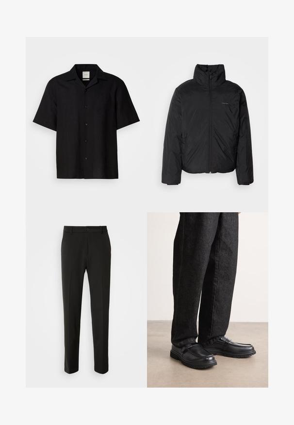 Musta puhvitakki korkealla kauluksella, vetoketjulla edessä ja sivutaskuilla. Sileä, kiiltävä pinta, jossa on minimaalinen logo rinnassa.; Mustalla lyhyellä hihalla oleva paita, joka on valmistettu pellavakankaasta. Paidassa on nappi-halkio etupäässä, terävä kaulus ja sileä pinta. Ei näkyviä kuvioita tai yksityiskohtia.; Mustat housut, jotka on valmistettu sileästä kankaasta, suoriin lahkeisiin, nappikiinnitykseen ja klassiseen muotoiluun, sopivat muodollisiin tai vapaa-ajan asuihin.; Mustat nahkakengät, joissa on tekstuuripinta, erottuva sauman muotoilu ja kestävä kumipohja, yhdistettynä tummiin farkkuihin.