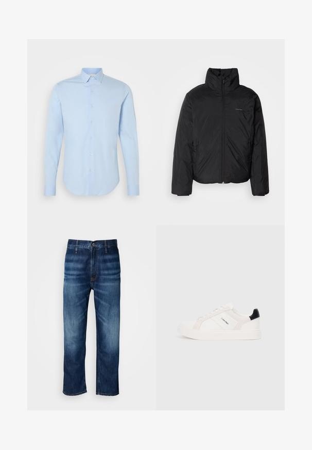 Svart pufferjakke med høy krage, glidelås foran og sidelommer. Glatt, blank tekstur med en minimal logo på brystet.; Lyseblå langermet skjorte med knapper, klassisk krage, rundet nederkant og perleknapper. Glatt bomullsstoff, tilpasset passform.; Mørkeblå straight-leg denimjeans med subtil falming på lårene og en knappelukking i midjen, vist på en hvit bakgrunn.; Hvite sneakers med lys rosa og svarte detaljer, med glatte lær- og semskede paneler, rund tå og flat gummisåle.