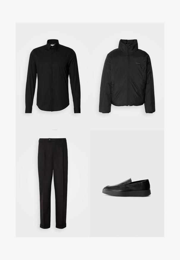 Doudoune noire avec un col haut, fermeture éclair à l'avant et poches latérales. Texture lisse et brillante avec un logo minimaliste sur la poitrine.; Chemise noire à manches longues en tissu lisse. Dotée d'un col classique, d'un patte de boutonnage et d'un ourlet droit. Aucune motif ou accent présent.; Pantalon noir au toucher lisse, avec une coupe droite, deux poches avant et une fermeture à bouton unique à la taille.; Calvin Klein HYBRID CUP - Chaussons - triple black