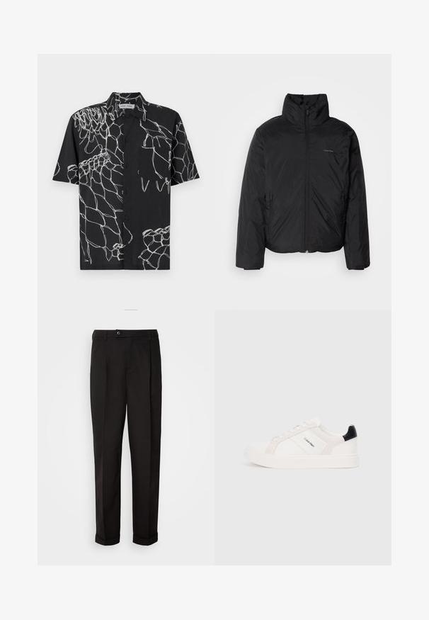 Juoda pūkinė striukė su aukštu apykakle, užtrauktuku priekyje ir šoninėmis kišenėmis. Lygus, blizgus paviršius su minimaliu logotipu ant krūtinės.; Juodos spalvos trumpomis rankovėmis marškiniai su baltu abstrakčiu linijų raštu. Priekinis mygtukų užsegimas su vienu krūtiniu kišeniu. Medvilnės mišinys.; Juodos kelnės su lygiu paviršiumi, tiesaus kirpimo, su dviem priekinių kišenių ir vieno mygtuko uždarymu juosmenyje.; Baltai sportbačiai su šviesiai rožiniais ir juodais akcentais, turintys lygaus odos ir zomšo panelius, apvalią noselę ir plokščią gumos padą.