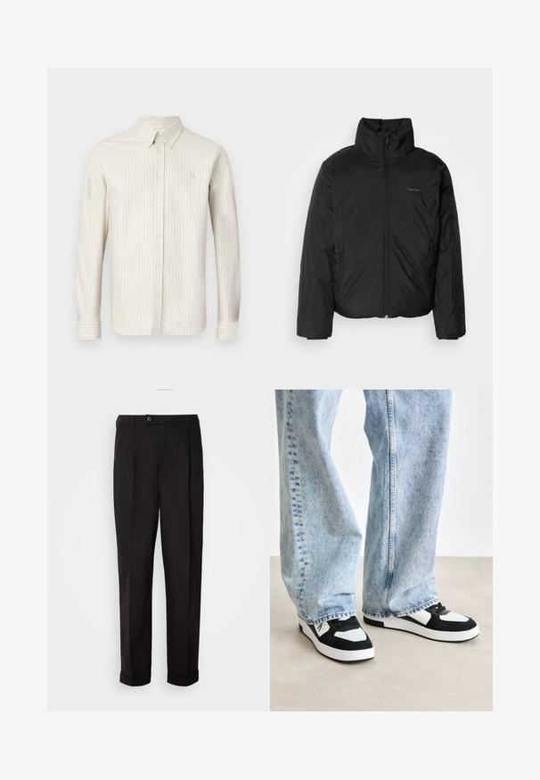 Juoda pūkinė striukė su aukštu apykakle, užtrauktuku priekyje ir šoninėmis kišenėmis. Lygus, blizgus paviršius su minimaliu logotipu ant krūtinės.; Šviesiai smėlinė dryžuota marškiniai su mygtukų apykakle, ilgomis rankovėmis ir subtiliu logotipu ant krūtinės. Minkšta medžiaga su vertikaliu raukšlėtu tekstūru.; Juodos kelnės su lygiu paviršiumi, tiesaus kirpimo, su dviem priekinių kišenių ir vieno mygtuko uždarymu juosmenyje.; Juodi ir balti sportbačiai, pagaminti iš zomšos ir tinklelio medžiagų. Žemas dizainas su paminkštintu apvadu ir plokščiu guminiu padu, derinami su šviesiai mėlynomis džinsais.