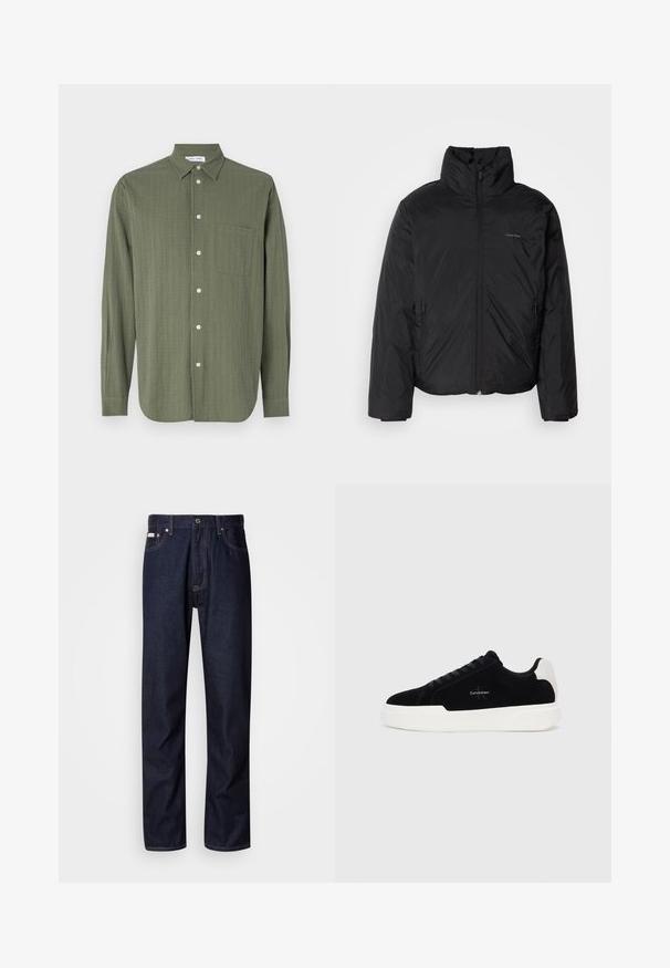 Chaqueta acolchada negra con cuello alto, cierre frontal y bolsillos laterales. Textura lisa y brillante con un logo minimalista en el pecho.; Camisa de manga larga en color verde oliva, tejido texturizado, con cierre de botones en la parte delantera, un bolsillo en el pecho y cuello clásico.; Vaqueros de mezclilla azul oscuro con un diseño de pierna recta, que presentan un cierre de botón, cinco bolsillos y detalles de costura en contraste.; Zapatilla negra de corte bajo con suela blanca y tab de talón, parte delantera con cordones y logo de Calvin Klein en el lateral.
