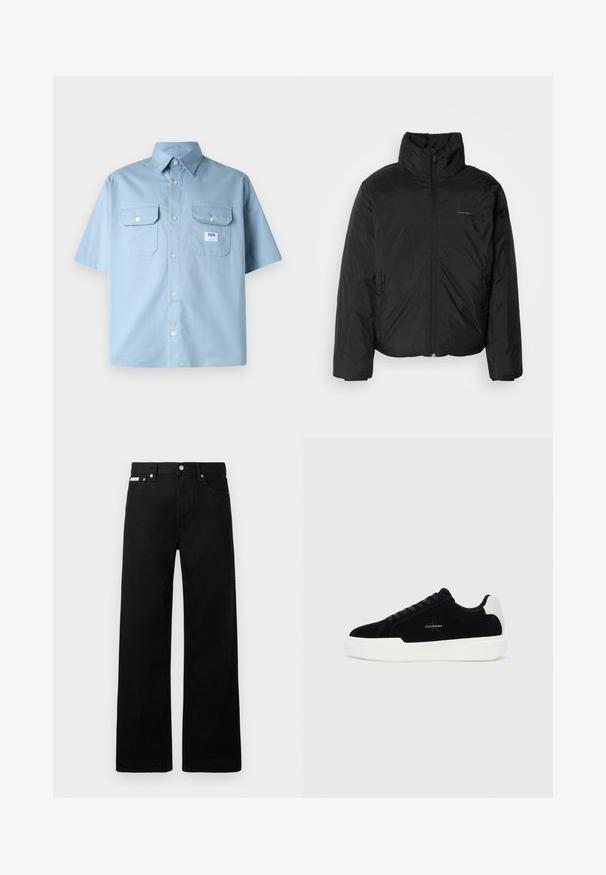 Fekete puffermellény magas gallérral, cipzáros elülső résszel és oldalsó zsebekkel. Simább, fényes textúra, minimális logóval a mellkason.; Világoskék, rövid ujjú, pamut ing, hegyes gallérral, két mellzsebbel és egy kis logóval a bal zsebnél.; Fekete farmernadrág széles szabással, öt zsebbel és fém gombos díszítéssel. Sima felület, látható minták nélkül.; Fekete alacsony szárú sneaker fehér talppal és saroktabbal, fűzős elülső résszel és Calvin Klein logóval az oldalon.