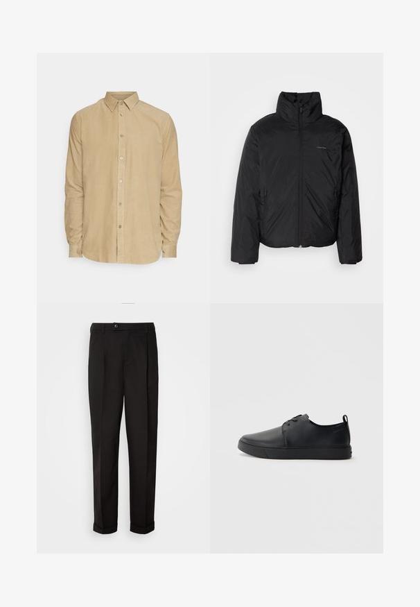 Juoda pūkinė striukė su aukštu apykakle, užtrauktuku priekyje ir šoninėmis kišenėmis. Lygus, blizgus paviršius su minimaliu logotipu ant krūtinės.; Bežinė ilgomis rankovėmis kordūrovilnė marškiniai su mygtukų apykakle ir mygtukais priekyje, eksponuojama ant baltos fono.; Juodos kelnės su lygiu paviršiumi, tiesaus kirpimo, su dviem priekinių kišenių ir vieno mygtuko uždarymu juosmenyje.; Juodos odinės sportinės bateliai su lygiu paviršium, suapvalinta nosimi, toniniais siūlais, raištelių užsegimu priekyje ir plokščiu guminiu padu. Kilpelė ant kulno.