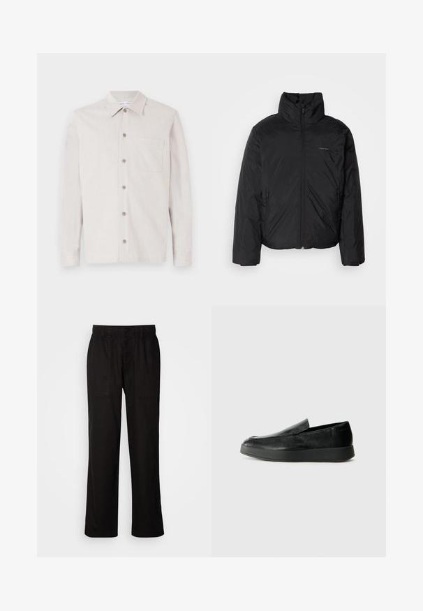 Giubbotto imbottito nero con colletto alto, chiusura a zip frontale e tasche laterali. Tessuto liscio e lucido con un logo minimale sul petto.; Camicia button-up beige chiaro con colletto, maniche lunghe, taschino sul petto e tessuto testurizzato. Presenta sei bottoni lungo la parte anteriore.; Pantaloni neri con vestibilità morbida, realizzati in tessuto leggero. Presentano un elastico in vita, chiusura con bottone e due tasche anteriori.; Calvin Klein HYBRID CUP - Scarpe senza lacci - triple black
