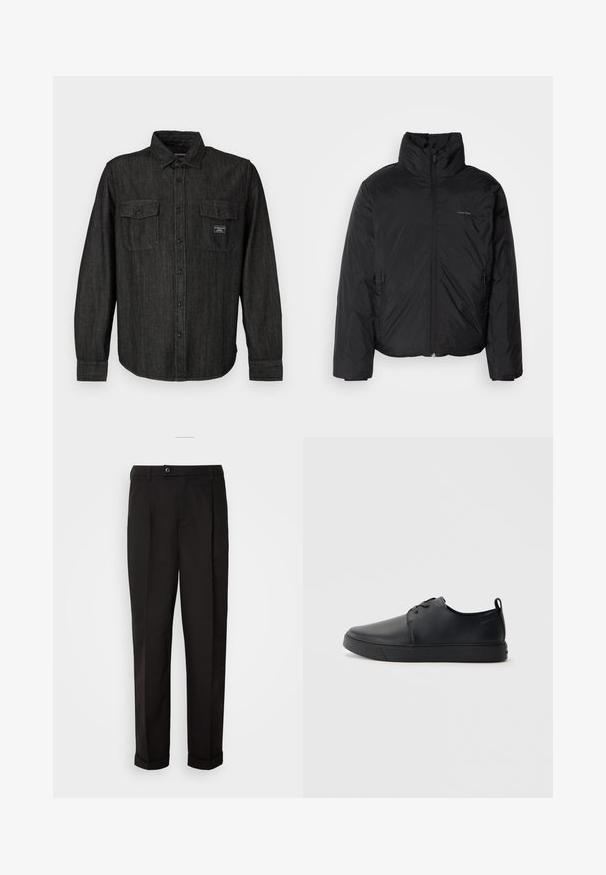 Czarna kurtka puchowa z wysokim kołnierzem, zapięciem na zamek z przodu i kieszeniami po bokach. Gładka, błyszcząca tekstura z minimalistycznym logo na klatce piersiowej.; Czarna koszula dżinsowa z przodem na guziki, spiczastym kołnierzykiem i dwiema kieszeniami na klatce piersiowej. Posiada subtelny wzór w paski oraz metkę z logo na kieszeni.; Czarne spodnie o gładkiej fakturze, charakteryzujące się prostym krojem, dwoma przednimi kieszeniami oraz pojedynczym zapięciem na guzik w talii.; Czarne skórzane sneakersy o gładkim wykończeniu, zaokrąglonym nosku, tonalnym przeszyciu, sznurowanym przodzie oraz płaskiej gumowej podeszwie. Pętla na pięcie.