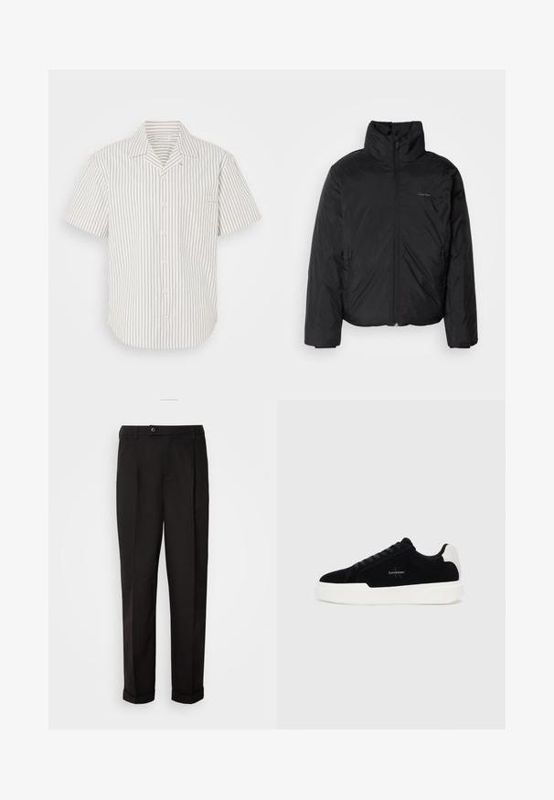 Schwarze Daunenjacke mit hohem Kragen, Reißverschluss auf der Vorderseite und Seitentaschen. Glatte, glänzende Textur mit einem minimalen Logo auf der Brust.; Kurzärmliges Hemd in hellbeige mit vertikalen dunklen Streifen, ausgestattet mit einer Brusttasche und einem umklappbaren Kragen.; Schwarze Hose mit glatter Textur, gerade geschnitten, zwei Fronttaschen und einem einzigen Knopfverschluss an der Taille.; Schwarze Low-Top-Sneaker mit weißer Sohle und Fersenkappe, Schnürung vorne und Calvin Klein-Logo an der Seite.