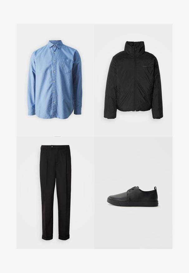 Črna puffer jakna z visokim ovratnikom, zadrgo spredaj in stranskimi žepi. Gladka, sijoča tekstura z minimalnim logotipom na prsih.; Svetlo modra srajca z dolgimi rokavi iz bombaža, s prsno žepom in izvezenim logotipom, klasičnim ovratnikom in zakrivljenim robom.; Črne hlače z gladko teksturo, z ravnim krojem, dvema sprednjima žepoma in zapiranjem na en gumb v pasu.; Črne usnjene športne čevlje z gladko površino, okroglo oblikovano nosilo, toniranim šivanjem, vezanjem spredaj in ravnim gumijastim podplatom. Zanko na peti.