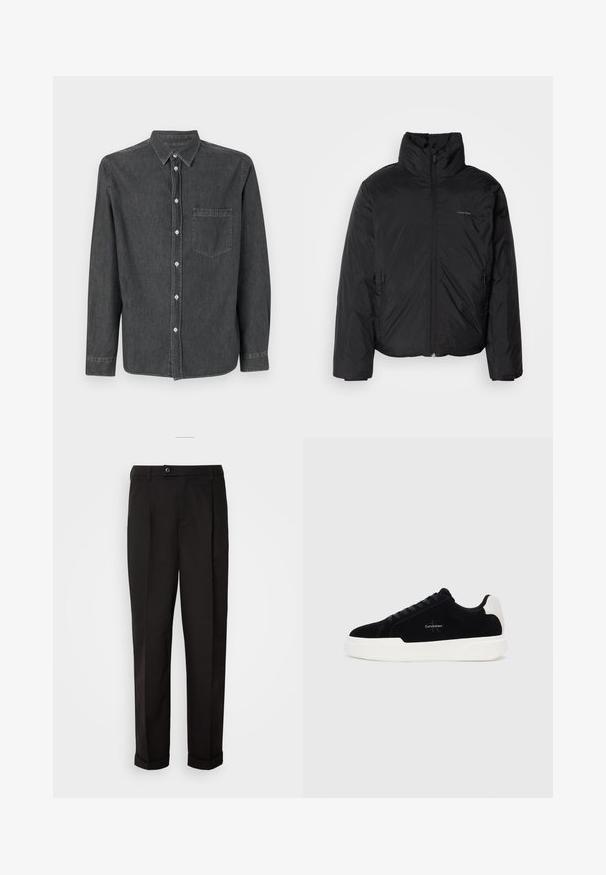 Fekete puffermellény magas gallérral, cipzáros elülső résszel és oldalsó zsebekkel. Simább, fényes textúra, minimális logóval a mellkason.; Szürke farmer gombos ing, hosszú ujjakkal, hegyes gallérral, elülső zsebbel és fehér gombokkal. Puha tapintású, enyhén kopott felülettel.; Fekete nadrág sima textúrával, egyenes szabással, két elülső zsebbel és egy gombbal zárható derékkal.; Fekete alacsony szárú sneaker fehér talppal és saroktabbal, fűzős elülső résszel és Calvin Klein logóval az oldalon.