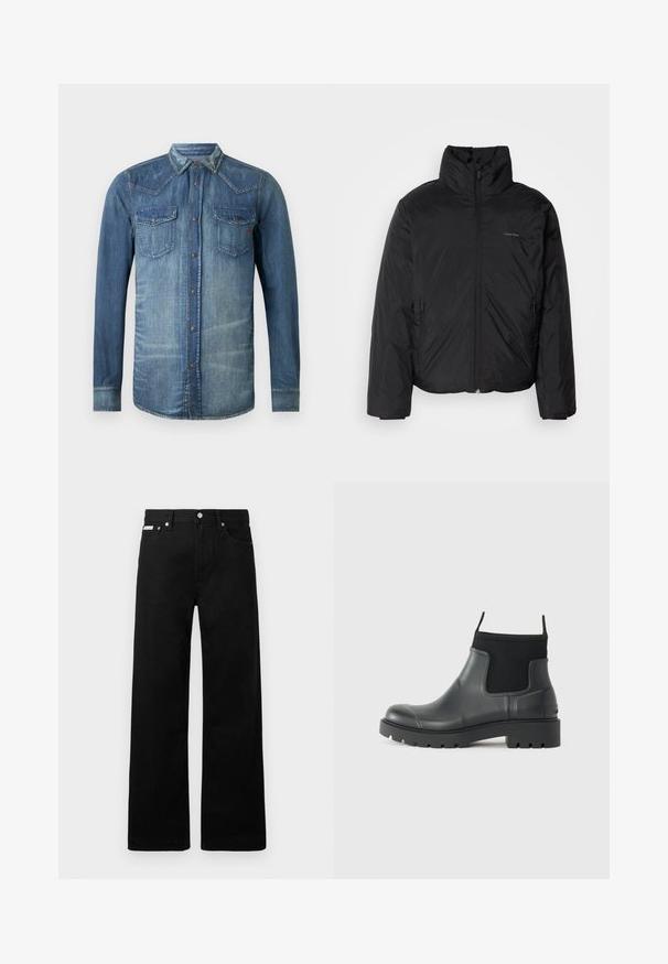 Chaqueta acolchada negra con cuello alto, cierre frontal y bolsillos laterales. Textura lisa y brillante con un logo minimalista en el pecho.; Camisa de mezclilla, azul claro, de mangas largas, con botones en la parte delantera, dos bolsillos en el pecho, con un diseño y costuras de estilo occidental, acabado desgastado.; Pantalones de mezclilla negros con un diseño de pierna ancha, que cuentan con cinco bolsillos y herrajes de botón metálico. Textura suave, sin patrones visibles.; Botas de tobillo negras de goma con acabado mate, que presentan un diseño elegante, paneles elásticos y una suela gruesa para mayor tracción.