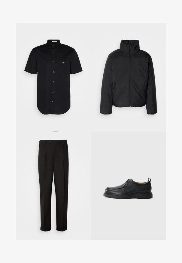 Črna puffer jakna z visokim ovratnikom, zadrgo spredaj in stranskimi žepi. Gladka, sijoča tekstura z minimalnim logotipom na prsih.; Majica s kratkimi rokavi, črna, bombažni material, ovratnik s gumbi, sprednja žepek z vezenim logotipom, ravno dno, gladka tekstura.; Črne hlače z gladko teksturo, z ravnim krojem, dvema sprednjima žepoma in zapiranjem na en gumb v pasu.; Črne usnjene čevlje z gladko površino, okroglo konico, diskretnimi šivi, vezalnim dizajnom in strukturiranim trakom za pomoč pri obuvanju na hrbtni strani.