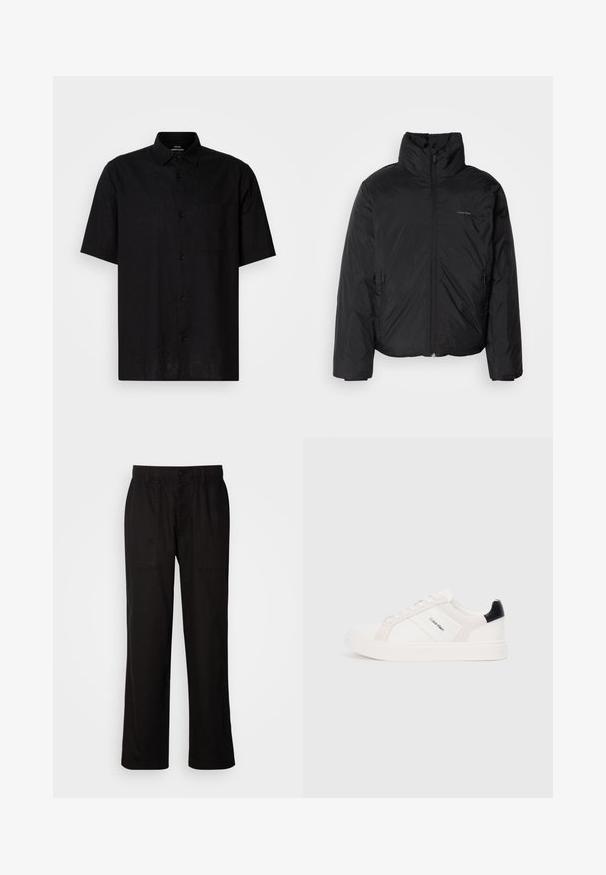 Fekete puffermellény magas gallérral, cipzáros elülső résszel és oldalsó zsebekkel. Simább, fényes textúra, minimális logóval a mellkason.; Fekete, rövid ujjú pamut ing, gombos elülső résszel, egy mellelvéssel és klasszikus gallérral. Simára szőtt textura.; Fekete, laza szabású nadrág, könnyű anyagból készült. Rugalmas derékkal, gombos záródással és két elülső zsebbel rendelkezik.; Fehér sportcipők világos rózsaszín és fekete részletekkel, sima bőrből és velúrból készült panelek, kerek orr és lapos gumitalp.