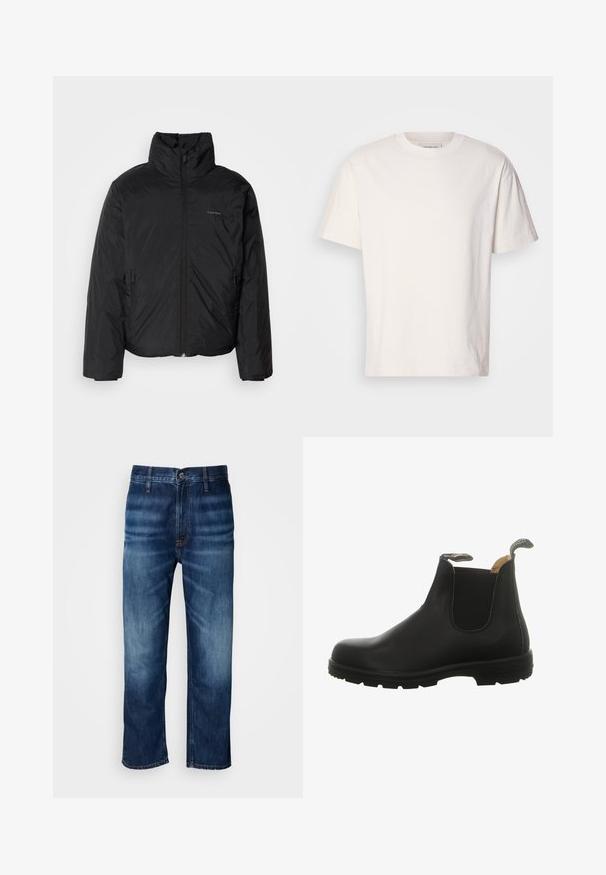 Jachetă pufă neagră cu guler înalt, fermoar frontale și buzunare laterale. Textură netedă și strălucitoare, cu un logo minim pe piept.; Tricou din bumbac de culoare crem, cu guler rotund. Mâneci scurte și o croială lejeră. Prezintă un mic logo pe guler. Textură netedă.; Jeans din denim drept de culoare albastru închis, cu o ușoară decolorare pe coapse și un sistem de închidere cu nasture la talie, expuși pe un fundal alb.; Botine Chelsea din piele neagră, cu panouri laterale elastice, vârf rotund și talpă din cauciuc rezistentă, dotate cu o bucată de material pentru a fi ușor de încălțat.