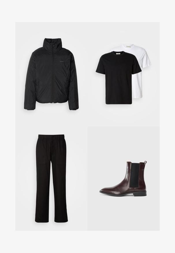 Black puffer jacket with a high collar, zipper front, and side pockets. Smooth, shiny texture with a minimal logo on the chest.; Two plain cotton T-shirts, one black placed in front of a white one, both with short sleeves and round necklines.; Black pants with a relaxed fit, made from lightweight fabric. Features an elastic waistband, button closure, and two front pockets.; Brown leather Chelsea boot with elastic side panels, pointed toe, and a smooth texture. Black base and subtle stitching detail.