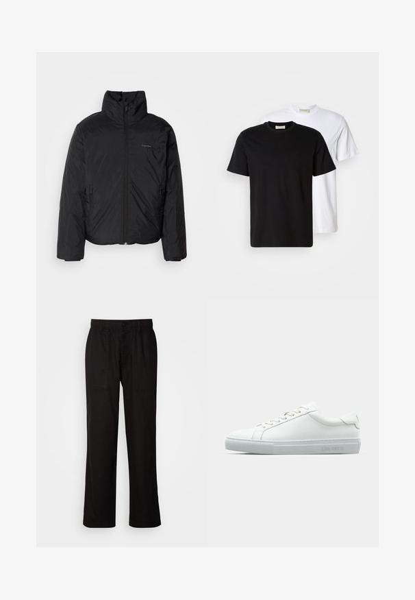 Black puffer jacket with a high collar, zipper front, and side pockets. Smooth, shiny texture with a minimal logo on the chest.; Two plain cotton T-shirts, one black placed in front of a white one, both with short sleeves and round necklines.; Black pants with a relaxed fit, made from lightweight fabric. Features an elastic waistband, button closure, and two front pockets.; White leather sneaker with a smooth finish, rounded toe, flat laces, and a minimalist design. Light grey rubber sole with branding on the side.