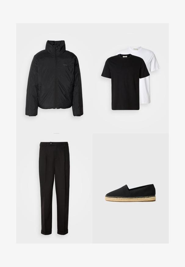 Schwarze Daunenjacke mit hohem Kragen, Reißverschluss auf der Vorderseite und Seitentaschen. Glatte, glänzende Textur mit einem minimalen Logo auf der Brust.; Zwei schlichte Baumwoll-T-Shirts, eines schwarz vor einem weißen platziert, beide mit kurzen Ärmeln und runden Halsausschnitten.; Schwarze Hose mit glatter Textur, gerade geschnitten, zwei Fronttaschen und einem einzigen Knopfverschluss an der Taille.; Schwarze Canvas-Espadrilles mit runder Zehenform, ausgestattet mit einer gewebten Jutesohle und einer Stichnaht entlang der Sohlenkante.