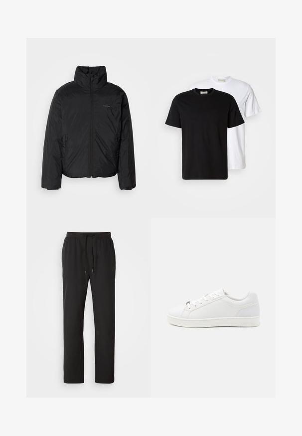 Musta puhvitakki korkealla kauluksella, vetoketjulla edessä ja sivutaskuilla. Sileä, kiiltävä pinta, jossa on minimaalinen logo rinnassa.; Kaksi yksinkertaista puuvillapaitaa, musta paita valkoisen edessä, molemmissa on lyhyet hihat ja pyöreä pääntie.; Juoksuhousut mustasta kevyestä kankaasta, jossa on joustava vyötärö, säädettävät nyörit ja sivutaskut. Sujuva rakenne.; Valkoiset tennarit, joissa on sileä, nahkamainen päällinen, joka esittää hienovaraista geometrista kuviota, tasaiset kengännauhat ja teksturoitu kumipohja.