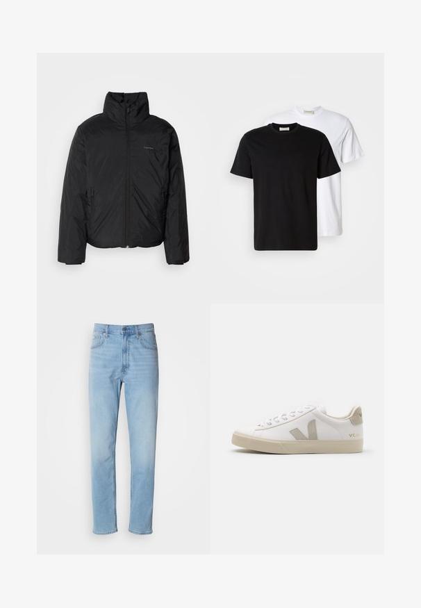 Svart puffjacka med hög krage, dragkedja framtill och sidofickor. Slät, glänsande textur med en minimal logotyp på bröstet.; Två enkla bomulls T-shirts, en svart placerad framför en vit, båda med korta ärmar och rund halsringning.; Ljusblå denimjeans med rak passform, fem fickor och bälteshälla. Tyget har en slät yta med en lätt blekningseffekt.; Vit lädersneaker med beigefärgade accenter, platt gummisul, rund tå och kontrasterande logga på sidan och baksidan. Snörningsdesign.
