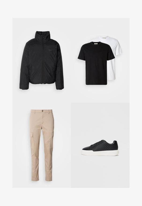 Fekete puffermellény magas gallérral, cipzáros elülső résszel és oldalsó zsebekkel. Simább, fényes textúra, minimális logóval a mellkason.; Két sima pamut póló, egy fekete a fehér előtt, mindkettő rövid ujjú és kerek nyakú.; Beige cargo nadrág, két oldalsó zsebbel, slim fit szabással, könnyű anyagból készült, elöl gombos záródással és övhurkokkal.; Fekete sneaker, geometrikus textúrával az oldalon, sima orrésszel és fehér gumitalppal. Kerek cipőfűzőkkel és alacsony szárú dizájnnal rendelkezik.