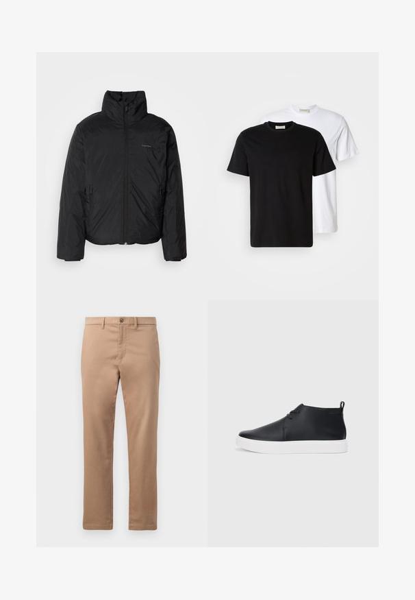 Zwarte pufferjack met een hoge kraag, rits aan de voorkant en zijzakken. Gladde, glanzende textuur met een minimalistisch logo op de borst.; Twee simpele katoenen T-shirts, één zwarte voor een witte geplaatst, beide met korte mouwen en ronde halslijnen.; Tan chino's van katoen met een gladde textuur, voorzien van een ritssluiting en knoopsluiting. Straight leg ontwerp, zonder zichtbare patronen of accenten.; Zwarte leren high-top sneakers met een gladde afwerking, witte rubberen zool en een eenvoudig vetersluiting ontwerp. Beschikt over een trekband aan de achterkant.