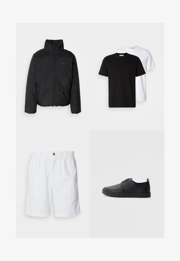 Svart pufferjakke med høy krage, glidelås foran og sidelommer. Glatt, blank tekstur med en minimal logo på brystet.; To enkle bomulls T-skjorter, en svart plassert foran en hvit, begge med korte ermer og rund hals.; Hvite linshorts med elastisk midjebånd og metallknapp. Har to sidelommer og et avslappet passformdesign.; Svart lær sneakers med glatt overflate, rund tå, tonede sømmer, snøring foran og flat gummisåle. Løkke på hælen.