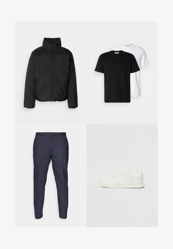 Črna puffer jakna z visokim ovratnikom, zadrgo spredaj in stranskimi žepi. Gladka, sijoča tekstura z minimalnim logotipom na prsih.; Dve obične bombažne majice, ena črna postavljena pred belo, obe z kratkimi rokavi in okroglimi ovratniki.; Navy hlače z gladko teksturo, ozko prileganje in pregibi. Opremljene so z obroči za pas in zadrgo za zapiranje.; Bela tenisa z mrežasto in sintetično zgornjo plastjo, okroglo oblikovano prstno območje, ravne vezalke in teksturirana stranska črta. Gumijast podplat z zanko na hrbtni strani.