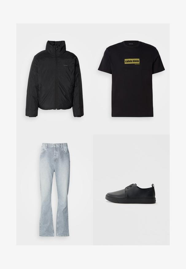 Casaco puffer preto com colarinho alto, fecho de correr na frente e bolsos laterais. Textura suave e brilhante com um logótipo minimalista no peito.; T-shirt preta de algodão com mangas curtas, apresentando um logotipo retangular verde com o texto "calvin klein" e "new york city" em letras em negrito.; Calças de ganga listradas em azul claro com corte largo, apresentando fecho de botão, bolsos frontais e um desbotado subtil na bainha.; Sapatilha de couro preta com um acabamento liso, bico arredondado, costura ton sur ton, frente com atacadores e sola plana de borracha. Alça no calcanhar.