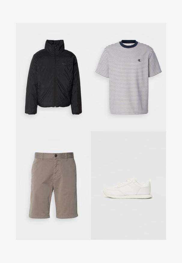 Crna puf jakna s visokim ovratnikom, patentnim zatvaračem sprijeda i bočnim džepovima. Glatka, sjajna tekstura s minimalnim logotipom na prsima.; Prugasta pamučna majica s okovratnikom i manžetama u tamnoplavoj boji, s horizontalnim plavim i bijelim prugama; mali izvezeni logotip na prsima.; Muške kratke hlače svijetlosive boje, izrađene od pamučnog materijala. Imaju zatvaranje na dugme, petlje za remen i glatku teksturu.; Bijela tenisica s gornjim dijelom od mrežice i sintetičkog materijala, okrugli vrh, ravne vezice i teksturirani bočni trak. Gumeni potplat s petnim trakicom.