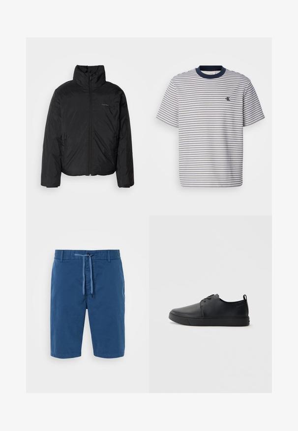 Black puffer jacket with a high collar, zipper front, and side pockets. Smooth, shiny texture with a minimal logo on the chest.; Striped cotton T-shirt with navy-blue collar and cuffs, featuring horizontal blue and white stripes; small embroidered logo on the chest.; Blue cotton shorts with an elastic waistband, drawstring closure, side pockets, and a smooth texture. No patterns or accents visible.; Black leather sneaker with a smooth finish, rounded toe, tonal stitching, lace-up front, and a flat rubber sole. Loop at the heel.