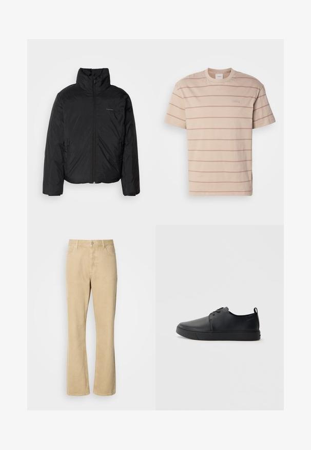 Must musträkk, millel on kõrge krae, lukuga ees ja küljetaskud. Sile, läikiv tekstuur ja minimaalne logo rinnal.; Lühikeste varrukate ja ümmarguse kaelusega beež t-särk, millel on heledad roosa tooniga horisontaalsed triibud ja väikene silt ees. Valmistatud pehmest puuvillakangast.; Beežid volditud püksid, millel on nööbi ja tõmbluku sulgemine, viie tasku ja nähtavad õmblused jalgade mööda. Sile tekstuur.; Mustaläik nahast spordijalatsid siledaga viimistlusega, ümarate varvastega, sama tooni õmblustega, nööbid ees, ja lamedate kummist tallaga. Kannas aas.