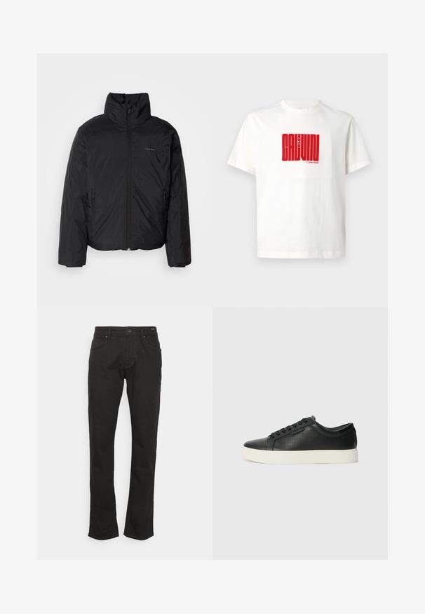 Svart pufferjakke med høy krage, glidelås foran og sidelommer. Glatt, blank tekstur med en minimal logo på brystet.; Hvit bomulls t-skjorte med stort rødt grafisk trykk av "CALVIN KLEIN" på forsiden, med rund hals og korte ermer.; JOOP! Jeans MITCH - Jeans straight leg - black; Sorte lær sneakers med perforert tekstur, rund tå og flat hvit gummisåle. Har sorte snørebånd og en subtil logo på siden.