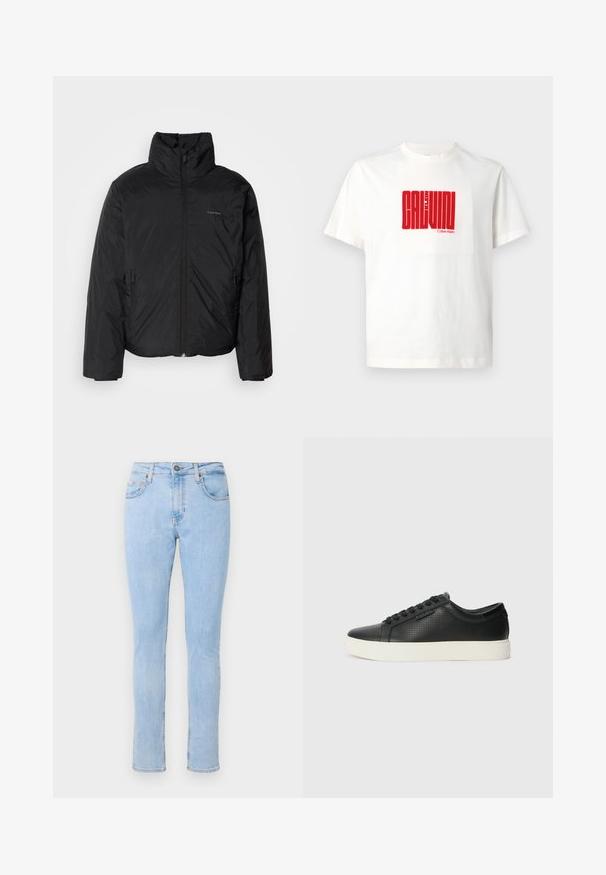 Jachetă pufă neagră cu guler înalt, fermoar frontale și buzunare laterale. Textură netedă și strălucitoare, cu un logo minim pe piept.; Tricou alb din bumbac cu un imprimeu roșu mare al textului "CALVIN KLEIN" pe față, cu guler rotund și mâneci scurte.; Jeanși din denim de un albastru deschis, cu un design ajustat, stil cu cinci buzunare, închidere frontală cu nasture și decolorare subtilă. Croială slim cu picioare drepte.; Adidași din piele neagră cu textură perforată, vârf rotund și talpă plată din cauciuc alb. Au șireturi negre și un logo subtil pe lateral.