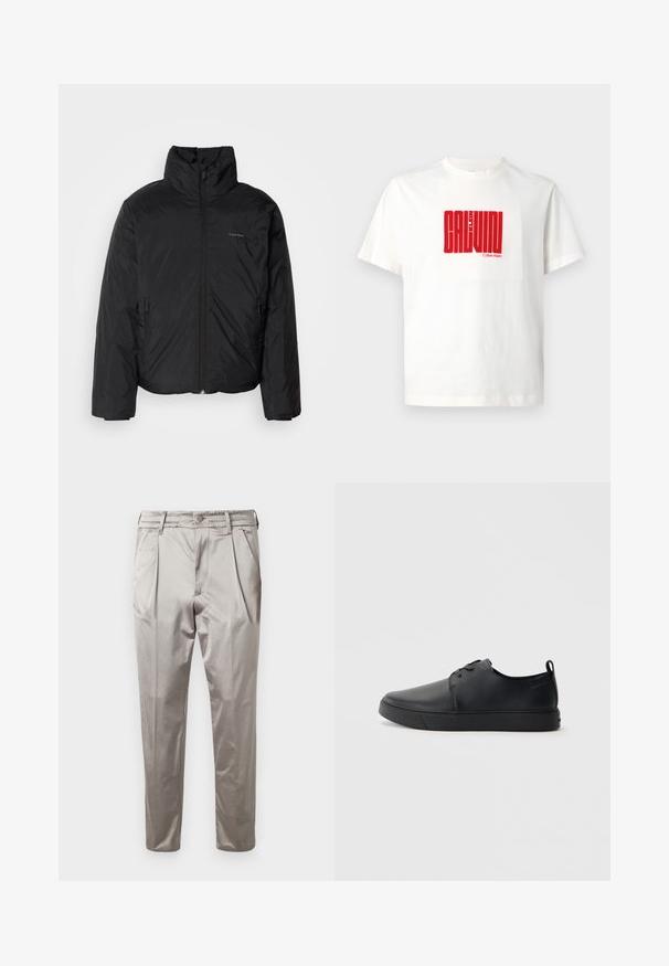 Črna puffer jakna z visokim ovratnikom, zadrgo spredaj in stranskimi žepi. Gladka, sijoča tekstura z minimalnim logotipom na prsih.; Bela bomba iz 100% bombaža z velikim rdečim grafičnim tiskom "CALVIN KLEIN" spredaj, s krožnim ovratnikom in kratkimi rokavi.; Svetlo sivi nabrani hlače iz gladkega blaga, z elastičnim pasom in ožjimi nogami. Brez vidnih žepov.; Črne usnjene športne čevlje z gladko površino, okroglo oblikovano nosilo, toniranim šivanjem, vezanjem spredaj in ravnim gumijastim podplatom. Zanko na peti.