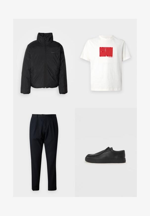 Černá péřová bunda s vysokým límcem, zipovým uzávěrem vpředu a bočními kapsami. Hladká, lesklá textura s minimálním logem na hrudi.; Bílý bavlněný tričko s velkým červeným grafickým potiskem "CALVIN KLEIN" na přední straně, s kulatým výstřihem a krátkými rukávy.; Černé kalhoty na míru, vyrobené z hladkého materiálu, s jedním předním záhybem, zapínáním na knoflík a rovnými nohavicemi s manžetami.; Černé kožené nazouvací boty s kulatou špičkou, prošitím a černou gumovou podrážkou. Hladký povrch s minimalistickým designem.