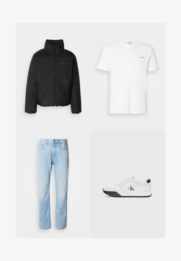 Crna puf jakna s visokim ovratnikom, patentnim zatvaračem sprijeda i bočnim džepovima. Glatka, sjajna tekstura s minimalnim logotipom na prsima.; Bijela pamučna majica kratkih rukava s okruglim izrezom. Ima mali crni logo "Calvin Klein" na lijevoj strani prsnog koša.; Svijetloplave traperice ravnog kroja, s izblijedjelim dijelovima, dizajnom s pet džepova i klasičnim dugmadi.; Calvin Klein bijele tenisice s crnim đonom, panelli od anilinske kože i mrežaste tkanine, CK logo sa strane, te Calvin Klein brendiranje na peti i đonu.