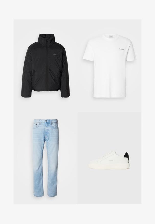 Svart pufferjakke med høy krage, glidelås foran og sidelommer. Glatt, blank tekstur med en minimal logo på brystet.; Hvit bomulls T-skjorte med korte ermer og rund hals. Har en liten svart "Calvin Klein" logo på venstre bryst.; Lyseblå denimjeans med strak benkutt, med falmede seksjoner, femlommerdesign og en klassisk knappestol.; Hvite skinnsnickers med svart akcent på hælen, med rund tå, flate lisser og tykk hvit såle. Calvin Klein-logoen er vist.