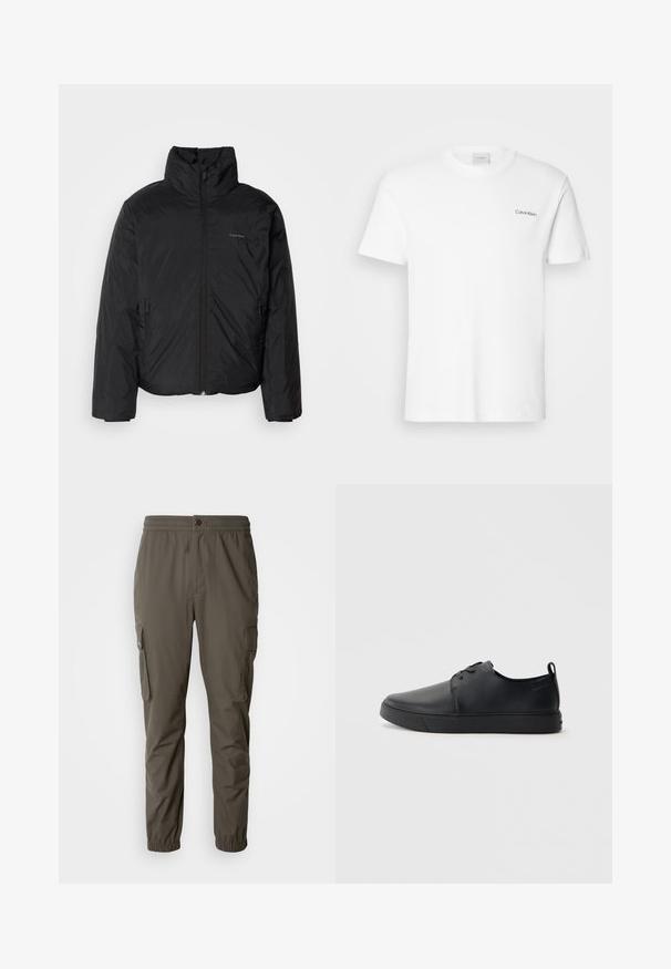Must musträkk, millel on kõrge krae, lukuga ees ja küljetaskud. Sile, läikiv tekstuur ja minimaalne logo rinnal.; Valge puuvillasest T-särk lühikäistega ja ümarkaelusega. Vasakul rinnal on väike must "Calvin Klein" logo.; Tumed oliivrohelised cargo püksid, valmistatud kergest kangast. Omavad elastset vööd, nupuga sulgemist ning küljetaskuid klappidega.; Mustaläik nahast spordijalatsid siledaga viimistlusega, ümarate varvastega, sama tooni õmblustega, nööbid ees, ja lamedate kummist tallaga. Kannas aas.