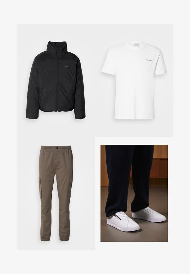 Chaqueta acolchada negra con cuello alto, cierre frontal y bolsillos laterales. Textura lisa y brillante con un logo minimalista en el pecho.; Camiseta de algodón blanca con mangas cortas y un escote en forma de cuello redondo. Presenta un pequeño logotipo negro de "Calvin Klein" en el lado izquierdo del pecho.; Pantalones cargo de un color marrón apagado, con cintura elástica, bolsillos laterales y una textura suave. Diseño ligero y casual.; Zapatillas blancas con un acabado de cuero suave, suela plana y diseño con cordones. Detalle de cremallera lateral que añade funcionalidad. Combinadas con joggers oscuros.