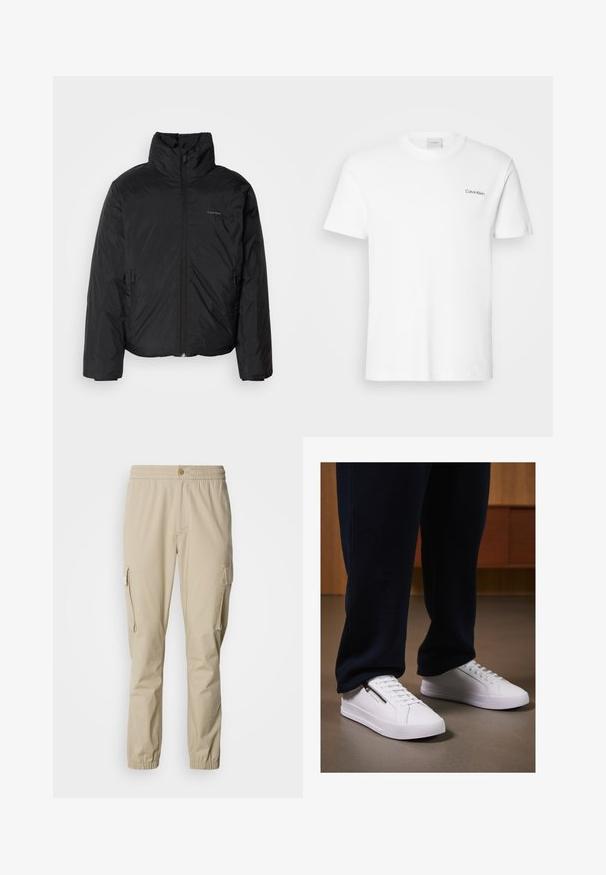 Fekete puffermellény magas gallérral, cipzáros elülső résszel és oldalsó zsebekkel. Simább, fényes textúra, minimális logóval a mellkason.; Fehér pamut póló rövid ujjakkal és kerek nyakkivágással. Bal mellkason egy kis fekete "Calvin Klein" logó található.; Beige cargo nadrág, rugalmas derékkal, gombos záródással, oldalsó zsebekkel és rugalmas szegéllyel a bokáknál, könnyű anyagból készült.; Fehér sneakers, sima bőr felülettel, lapos talppal és fűzős dizájnnal. Oldalsó cipzár részlet a funkcionalitás érdekében. Sötét jogging nadrággal párosítva.