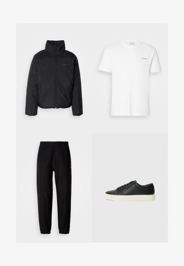 Svart pufferjakke med høy krage, glidelås foran og sidelommer. Glatt, blank tekstur med en minimal logo på brystet.; Hvit bomulls T-skjorte med korte ermer og rund hals. Har en liten svart "Calvin Klein" logo på venstre bryst.; Svart joggebukse med elastisk midje, smalere ben og mansjetter. Glatt stofftekstur. Logodetalj på siden.; Sorte lær sneakers med perforert tekstur, rund tå og flat hvit gummisåle. Har sorte snørebånd og en subtil logo på siden.