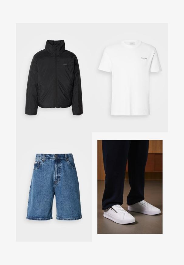 Juoda pūkinė striukė su aukštu apykakle, užtrauktuku priekyje ir šoninėmis kišenėmis. Lygus, blizgus paviršius su minimaliu logotipu ant krūtinės.; Balta medvilnės marškinėliai su trumpomis rankovėmis ir apvaliu kaklu. Priekyje, kairiajame krūtinės šone, yra mažas juodas "Calvin Klein" logotipas.; Džinsiniai šortai išblukusios mėlynos spalvos, aukštu liemeniu, su dviem priekinėmis kišenėmis, siuvinėtais akcentais ir mygtuko uždarymu.; Baltos sportbačiai su lygiu odiniu paviršiumi, plokščiu padu ir raištelių dizainu. Šoninė užtrauktuko detalė prideda funkcionalumo. Suderinti su tamsiais džinsais.