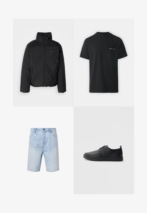 Black puffer jacket with a high collar, zipper front, and side pockets. Smooth, shiny texture with a minimal logo on the chest.; Black cotton t-shirt with a classic crew neck, short sleeves, and two small white "SAMSØE" logos on the left chest.; Light blue denim shorts with a regular fit, five-pocket design, and a button fly. Features subtle fading and stitched hem.; Black leather sneaker with a smooth finish, rounded toe, tonal stitching, lace-up front, and a flat rubber sole. Loop at the heel.